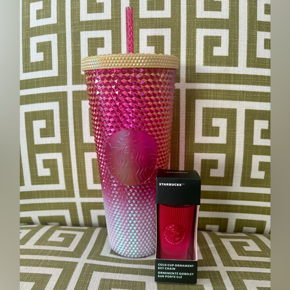NWT! Starbucks Holiday Gold/Ruby/White Ombré Studded Tumbler & Ornament Keychain